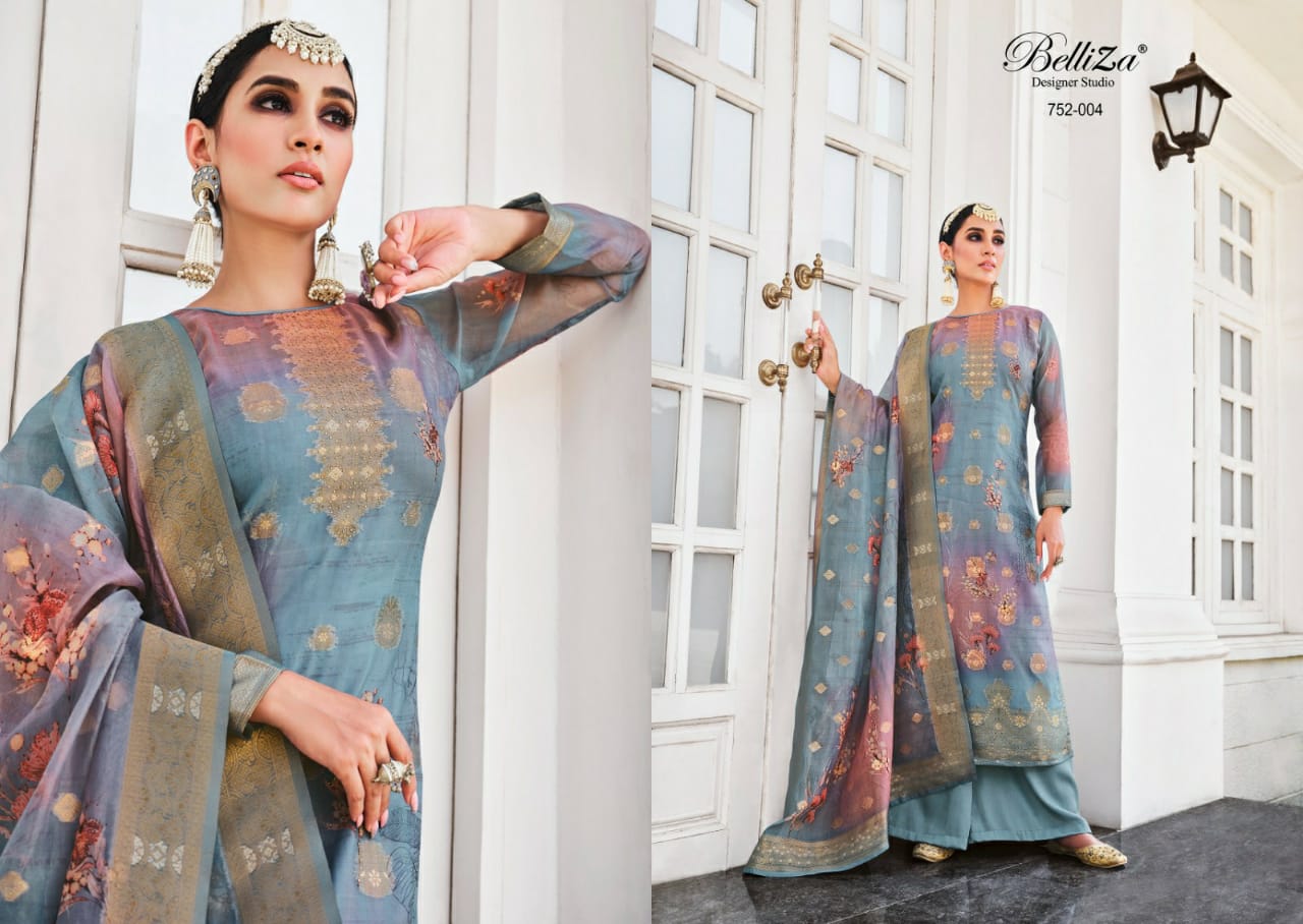 Shahinoor By Belliza Organza Printed Dress Material Catalog